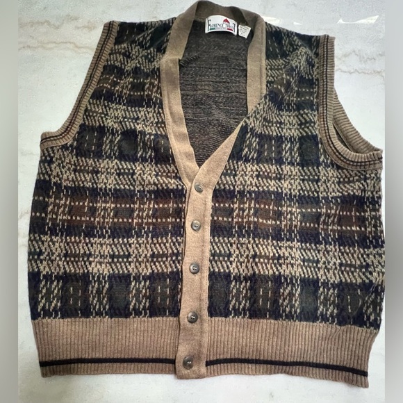 Vintage Florence Tricot Grandpa Brown Plaid Sweater Vest Wool Blend Italy Size L - Picture 3 of 5
